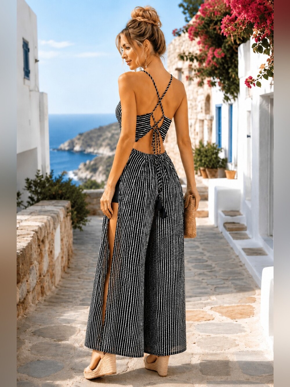 NWT Storia Open Back Side Peekaboo Stripe Palazzo Jumpsuit Resort Vacation Small